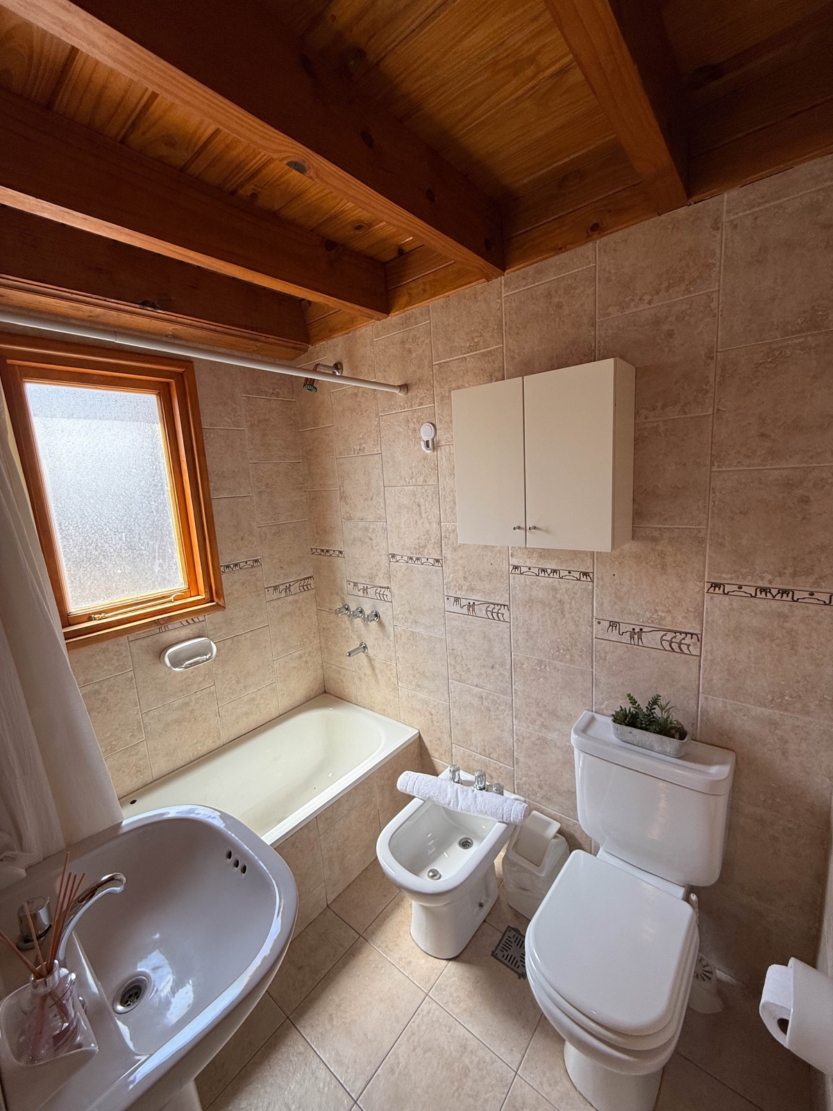 Baño de la cabaña desde otro ángulo, con techo de madera